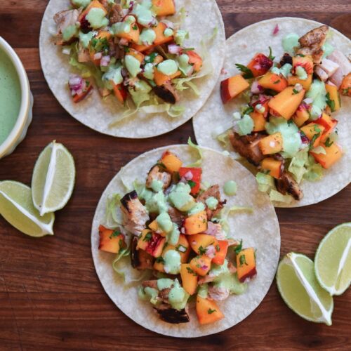 Balsamic Chicken with Peach Salsa & Basil Crema